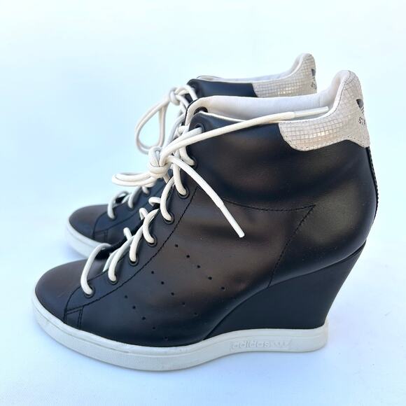 Adidas Stan Smith Lace Up Wedge Heel Sneakers Black White Tennis Shoes 9 - Picture 6 of 10
